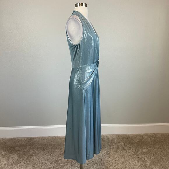Ralph Lauren A-Line Cocktail Dress Size 8 Metallic Silver Blue Sleeveless Midi - Picture 3 of 10